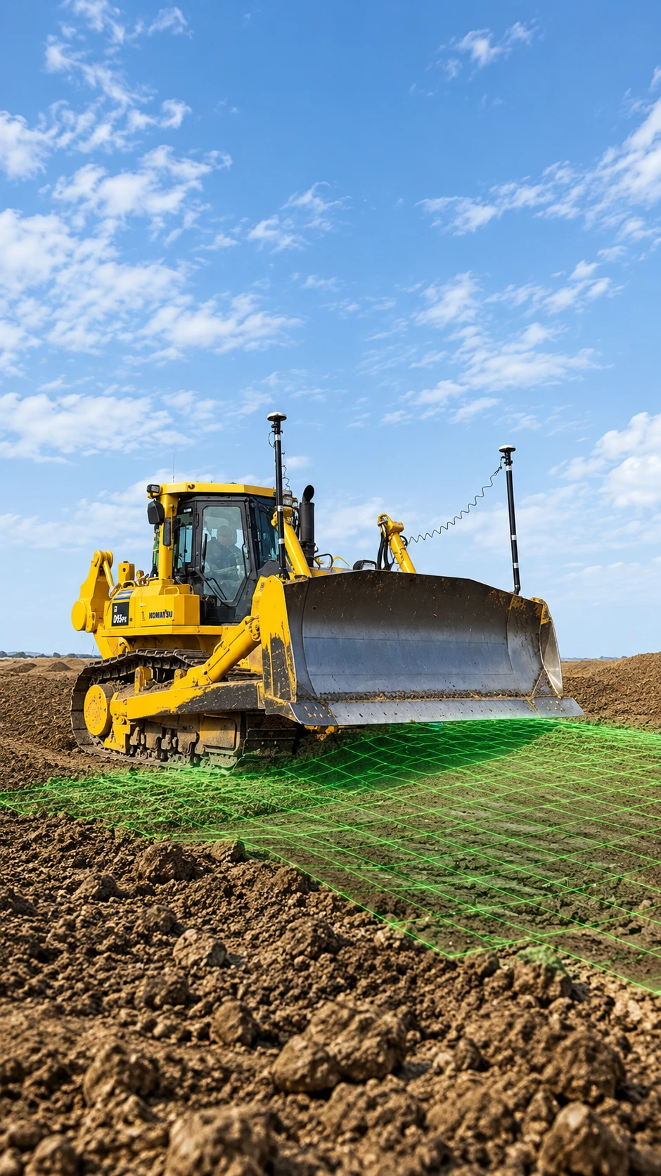 Бульдозер Komatsu с двумя GNSS-мачтами на отвале выравнивает площадку по цифровой поверхности